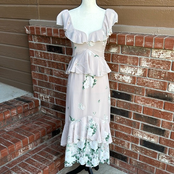 Show Me Your MuMu Reese Ruffle Chiffon Midi Dress Beige Floral Size Medium - Picture 1 of 10